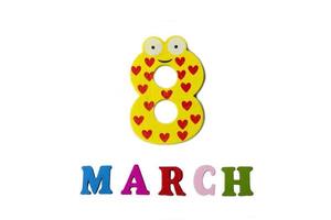 March 8 on white background, numbers and letters. photo