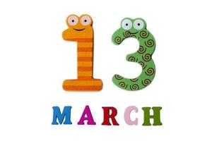 March 13 on white background, numbers and letters. photo