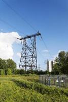 Power line in a wooded area. Forest landscape photo