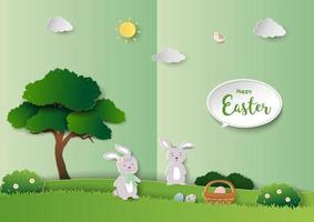 Happy Easter greeting card with cute rabbits on green paper art background vector