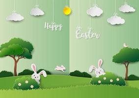 Happy easter greeting card on green paper cut background,bunny hide in grass for festive holiday,poster,banner or wallpaper vector