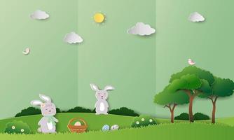 Easter greeting card on paper art background with cute rabbits happy in the garden vector