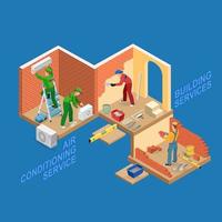 Workers are Builds and Plastering a Brick Wall. Attaching Conditioner. vector