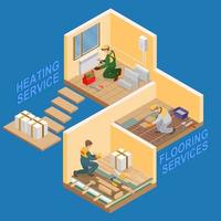 concepto de reparaciones interiores isométricas. los reparadores están arreglando el radiador, poniendo parquet. vector