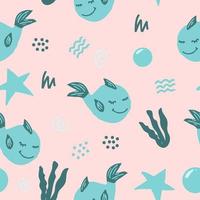 cute fish whale seamless pattern with seaweed, stars, doodles. hand drawn. illustration for childrens wallpaper, wrapping paper, textiles. blue, green. marine animal, sea vector