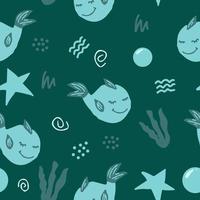 cute fish whale seamless pattern with seaweed, stars, doodles. hand drawn. illustration for childrens wallpaper, wrapping paper, textiles. blue, green. marine animal, sea vector
