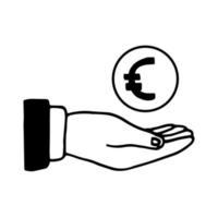 hand with coin icon drawn doodle. line art, nordic, scandinavian, minimalism, monochrome. sticker. banking economics business finance vector