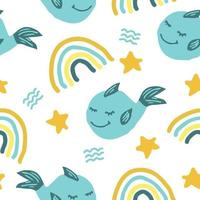 cute fish whale seamless pattern with rainbow, stars, waves. hand drawn. illustration for childrens wallpaper, wrapping paper, textiles. blue, gold. marine animal, sea dreams vector