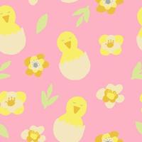 chick and flowers seamless pattern. wallpaper, textiles, wrapping paper. hand drawn doodle. trendy colors 2022. baby, easter vector