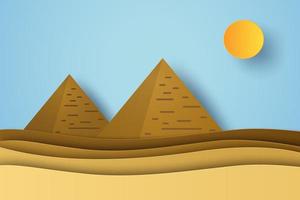 Desert landscape with Egyptian pyramids, paper art style vector