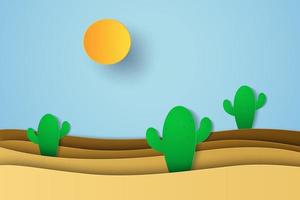 Desert landscape with cactus, paper art style vector