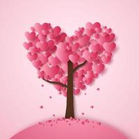 día de san valentín, ilustración de amor, corazón rosa cayendo del árbol, estilo de arte de papel vector