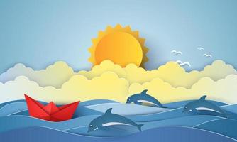 mar con barco de origami y delfín y sol, estilo de arte en papel vector