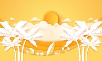 Summer Time Cloudscape cloudy sky with bright sun coconut palm tree with summer stuff vector