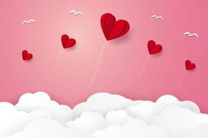 Valentines day, Red heart balloons flying on sky, paper art style vector