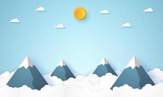 Landscape in mountains with bright sun and blue sky, paper art style vector