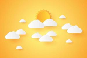 horario de verano, paisaje nublado, cielo con nubes y sol, estilo de arte en papel vector