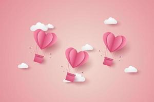 Valentines day, Illustration of love, pink heart hot air balloons flying in the blue sky, paper art style vector