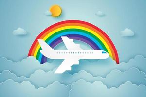 avión volando en el cielo con arco iris, estilo de arte de papel vector