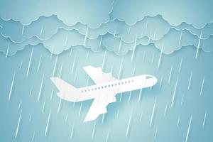 avión volando a través de una fuerte lluvia, estilo de arte de papel vector