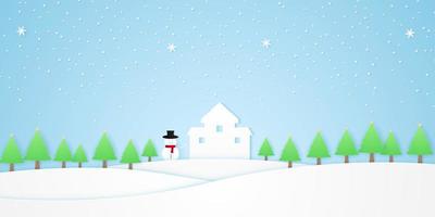 landscape, castle with snowman, trees with star and snow falling in winter season, white hill, paper art style vector