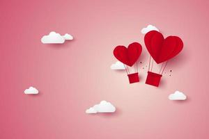 Valentines day, Illustration of love, red heart hot air balloons flying in the sky, paper art style vector
