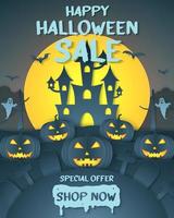 Halloween sale banner party invitation special offer dark pumpkin head on hill with graveyard
