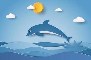Jumping dolphin in sea waves, paper art style vector