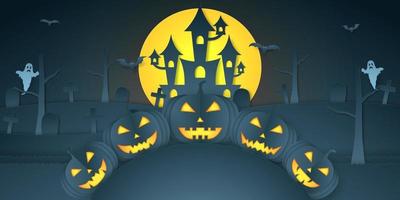 Cabeza de calabaza de Halloween en la colina con castillo, cementerio, murciélago, fantasma y luna brillante, estilo de arte en papel vector