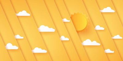 Abstract bright orange diagonal overlay background with sun and cloud, paper art style vector