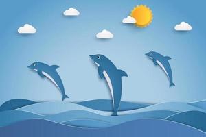 delfines saltando en las olas del mar, estilo de arte en papel vector