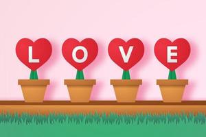 Red heart in flower pot with lettering and grass , paper art style vector
