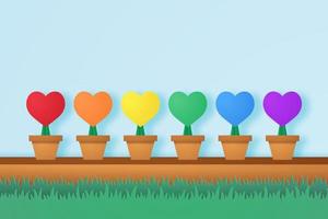 Colorful heart in flower pot with grass , paper art style
