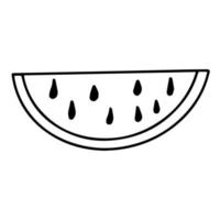 Doodle watermelon. Hand drawing line. Black and white image isolated on a white background. Summer fruits and berries. A slice of watermelon with seeds. Vector