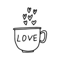 Cup with heart hand-drawn contour line drawing. Black and white image of the mug. Doodles. Valentine's day.Mug with love. Vector
