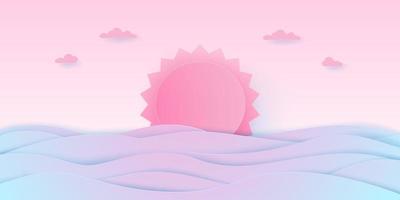 concepto de amor, paisaje marino, cielo nublado con sol rosa y mar, estilo de arte de papel vector