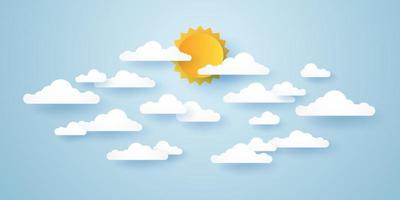 Cloudscape, cielo azul con nubes y sol, estilo de arte en papel. vector
