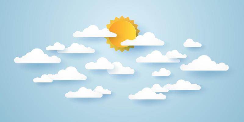 Cloudscape, blue sky with clouds and sun, paper art style