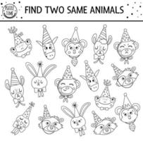 encontrar dos animales iguales. actividad de emparejamiento en blanco y negro de vacaciones para niños. esquema divertido hoja de trabajo de línea lógica de cumpleaños educativo para niños. juego de celebración imprimible simple vector