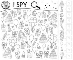 Birthday I spy game for kids. Searching and counting black and white activity for preschool children with traditional holiday objects. Funny party line printable worksheet vector