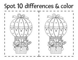 fiesta de cumpleaños encuentra diferencias y juego de colores para niños. aniversario actividad educativa en blanco y negro con un divertido globo aerostático volador. hoja de trabajo imprimible con carácter sonriente. vector