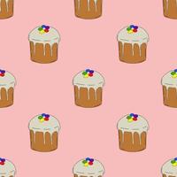 Easter cupcake seamless pattern isolated on pink background. Hand drawn line drawing. Doodles.Around the Easter cake with eggs.For textiles, postcards, and textiles. Vector