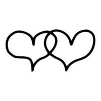 2 overlapping hearts, overlapping hearts.Manual contour drawing, doodles.Drawing a line.Black and white image.Love, wedding, romance.Vector vector