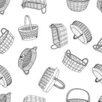 Wicker baskets of different shapes seamless pattern, hand drawing line. Black and white image.Oval basket for a holiday, picnic, Pets.Home item.Vector vector