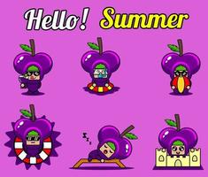 vector lindo personaje de dibujos animados uvas fruta mascota traje conjunto colección hola paquete de verano