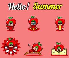 vector lindo personaje de dibujos animados manzana fruta mascota traje conjunto colección hola paquete de verano
