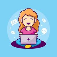 Woman working on laptop illustration. work from home cartoon character vector