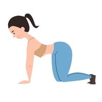 The girl is on all fours in the pose of a good cat. Exercises for the back. Vector illustration on a white background.