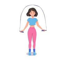 A toned girl does exercises with a skipping rope in sportswear. Flat vector illustration on a white isolated background. Image for sports centers and banners.