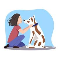 The girl is sitting with the dog opposite each other. The character looks into the eyes of his pet. Vector sketch of a cartoon illustration on a white background.